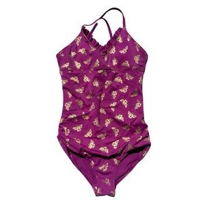 Lands End Kids Purple One Piece Swimsuit with Gold Embossed Bumble Bees Size 12